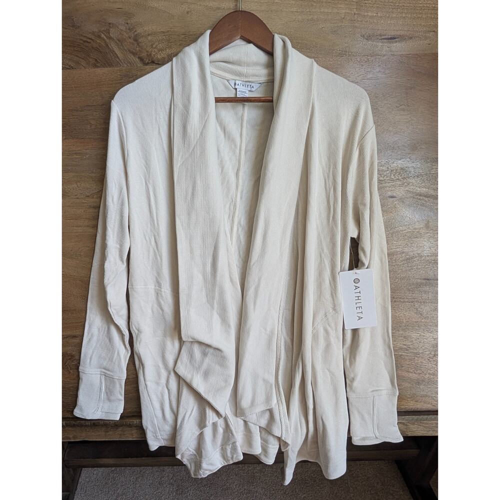 Athleta Pranayama Restore Wrap Cardigan Women Medium White Ribbed Open Front NWT